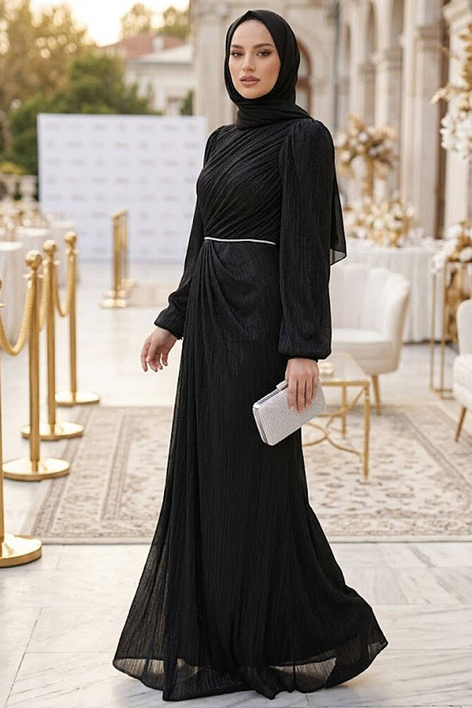 Tesettürlü Abiye Elbise - Drape Detaylı Siyah Tesettür Abiye Elbise 55172S - 1
