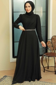 Tesettürlü Abiye Elbise - Drape Detaylı Siyah Tesettür Abiye Elbise 5737S - Thumbnail