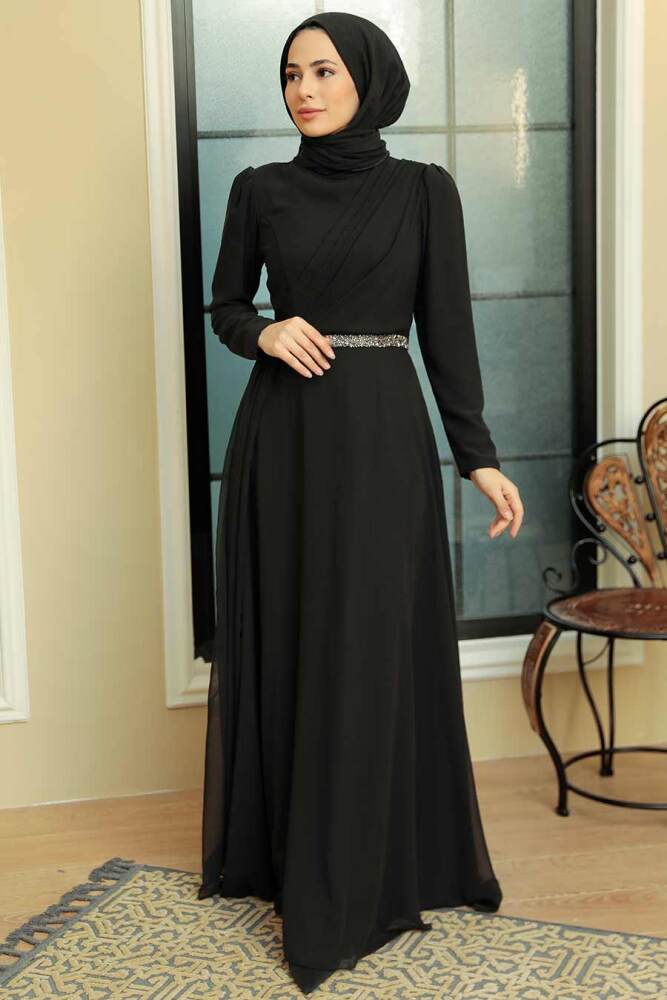 Tesettürlü Abiye Elbise - Drape Detaylı Siyah Tesettür Abiye Elbise 5737S - 3
