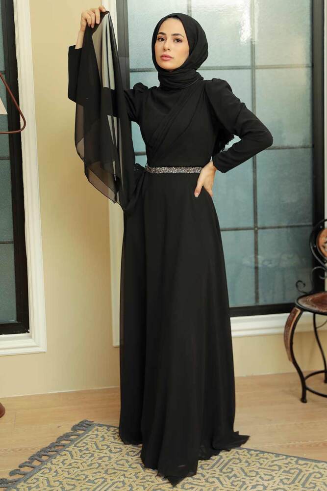 Tesettürlü Abiye Elbise - Drape Detaylı Siyah Tesettür Abiye Elbise 5737S - 2