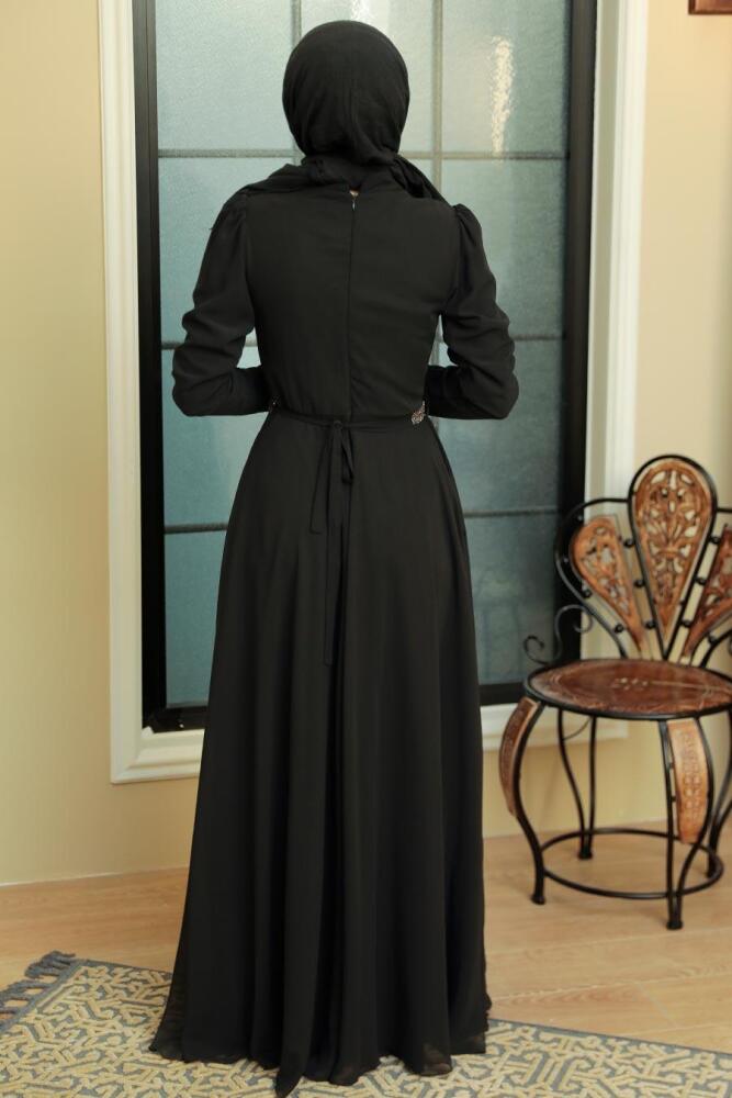 Tesettürlü Abiye Elbise - Drape Detaylı Siyah Tesettür Abiye Elbise 5737S - 4