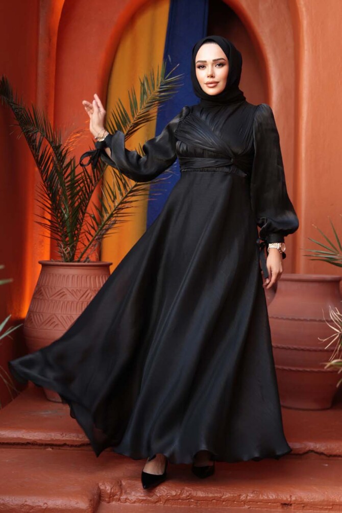 Tesettürlü Abiye Elbise - Drape Detaylı Siyah Tesettür Abiye Elbise 62201S - 1