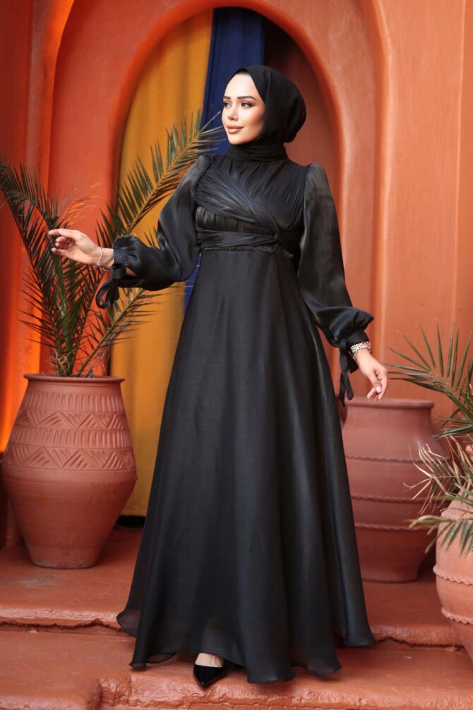 Tesettürlü Abiye Elbise - Drape Detaylı Siyah Tesettür Abiye Elbise 62201S - 2