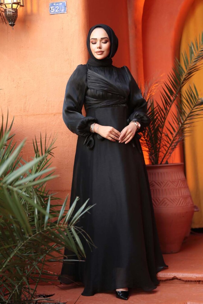 Tesettürlü Abiye Elbise - Drape Detaylı Siyah Tesettür Abiye Elbise 62201S - 3
