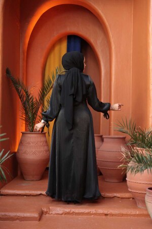 Tesettürlü Abiye Elbise - Drape Detaylı Siyah Tesettür Abiye Elbise 62201S - 4