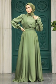 Tesettürlü Abiye Elbise - Drape Detaylı Haki Tesettür Saten Abiye Elbise 40621HK - Thumbnail