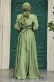 Tesettürlü Abiye Elbise - Drape Detaylı Haki Tesettür Saten Abiye Elbise 40621HK - Thumbnail