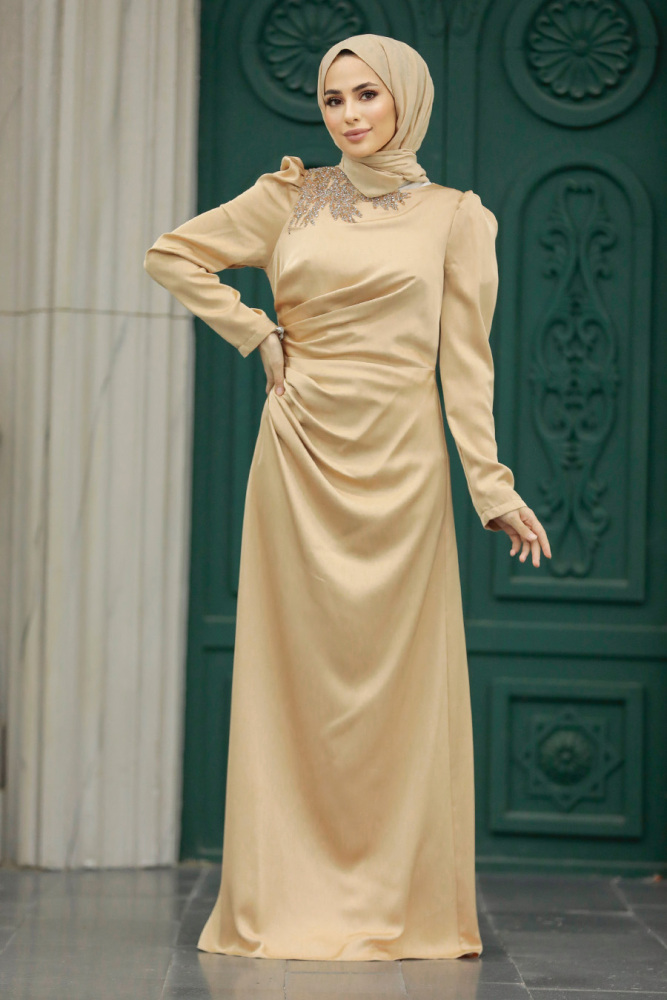 Tesettürlü Abiye Elbise - Drape Detaylı Bisküvili Tesettür Saten Abiye Elbise 40773BS - 1
