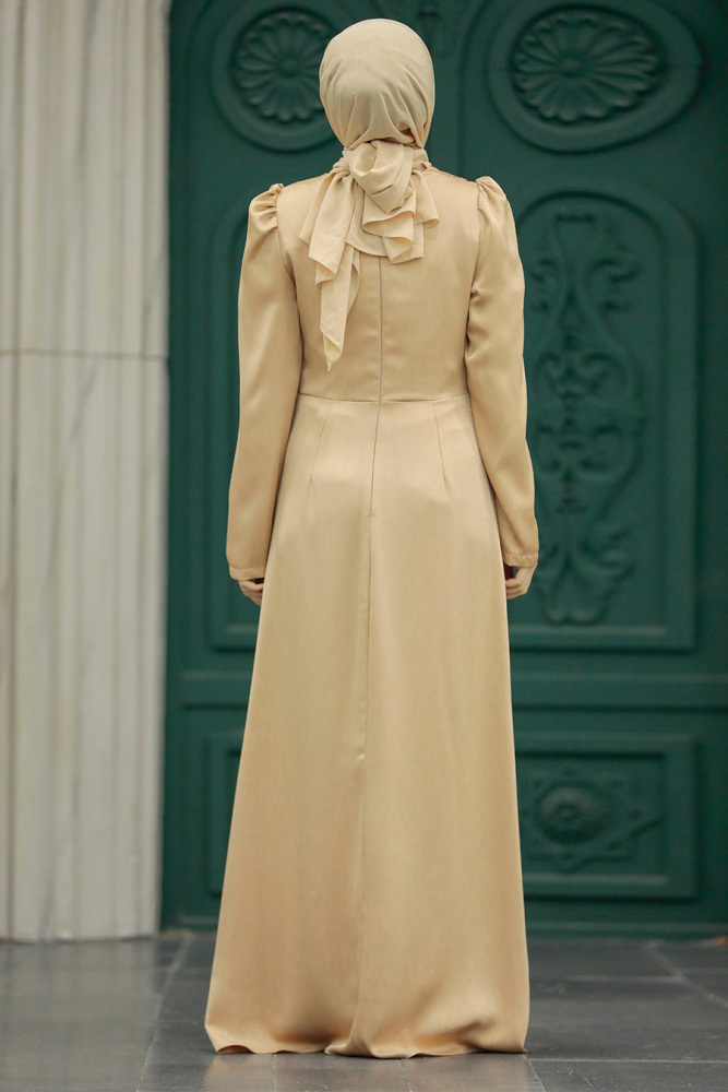 Tesettürlü Abiye Elbise - Drape Detaylı Bisküvili Tesettür Saten Abiye Elbise 40773BS - 4