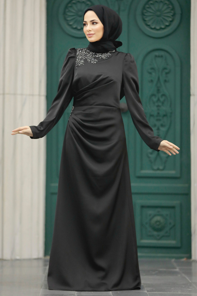 Tesettürlü Abiye Elbise - Drape Detaylı Siyah Tesettür Saten Abiye Elbise 40773S - 1