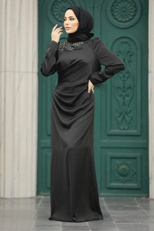 Tesettürlü Abiye Elbise - Drape Detaylı Siyah Tesettür Saten Abiye Elbise 40773S - 2