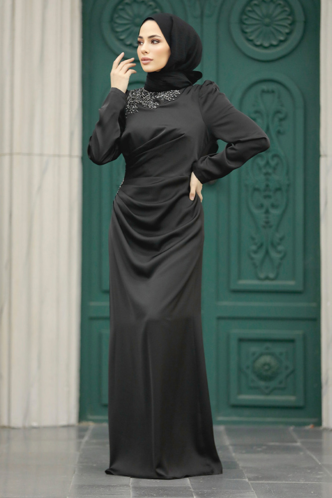 Tesettürlü Abiye Elbise - Drape Detaylı Siyah Tesettür Saten Abiye Elbise 40773S - 2