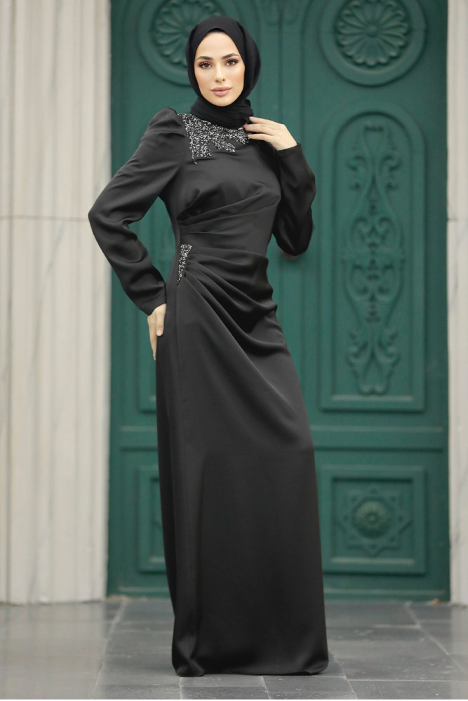 Tesettürlü Abiye Elbise - Drape Detaylı Siyah Tesettür Saten Abiye Elbise 40773S - 3