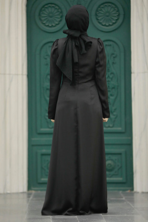 Tesettürlü Abiye Elbise - Drape Detaylı Siyah Tesettür Saten Abiye Elbise 40773S - 4