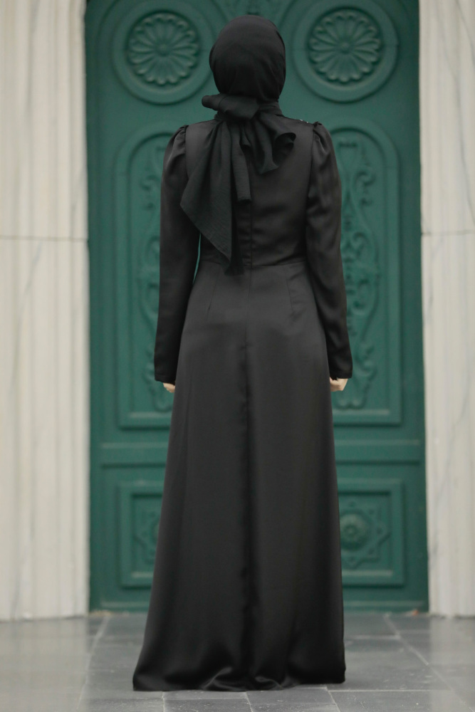 Tesettürlü Abiye Elbise - Drape Detaylı Siyah Tesettür Saten Abiye Elbise 40773S - 4