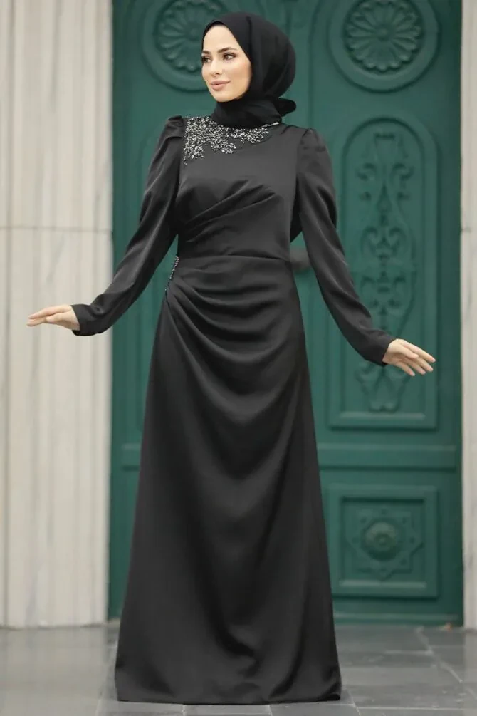Tesettürlü Abiye Elbise - Drape Detaylı Siyah Tesettür Saten Abiye Elbise 40773S - 1
