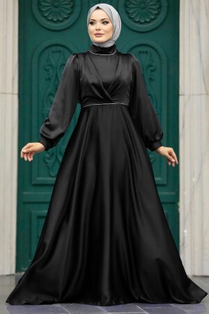Tesettürlü Abiye Elbise - Drape Detaylı Siyah Tesettür Saten Abiye Elbise 5926S - 1