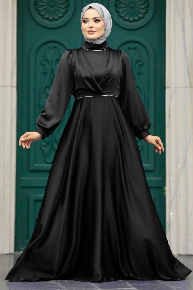 Tesettürlü Abiye Elbise - Drape Detaylı Siyah Tesettür Saten Abiye Elbise 5926S - 1