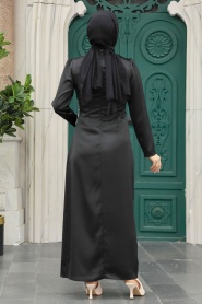 Tesettürlü Abiye Elbise - Drape Detaylı Siyah Tesettür Saten Abiye Elbise 5940S - Thumbnail
