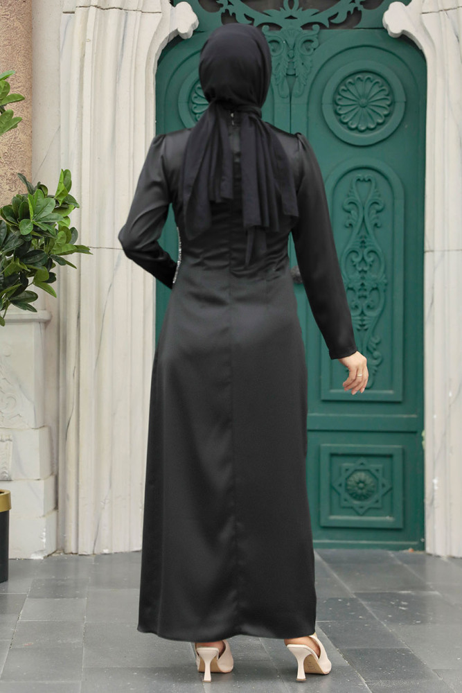 Tesettürlü Abiye Elbise - Drape Detaylı Siyah Tesettür Saten Abiye Elbise 5940S - 2