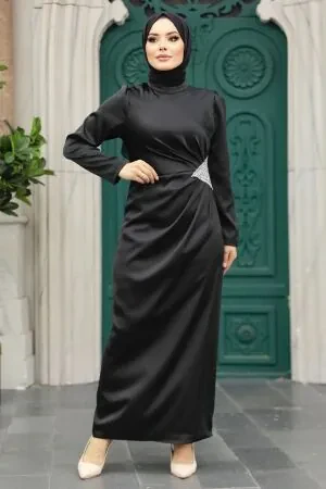 Tesettürlü Abiye Elbise - Drape Detaylı Siyah Tesettür Saten Abiye Elbise 5940S 