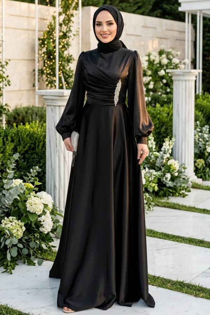 Tesettürlü Abiye Elbise - Drape Detaylı Siyah Tesettür Saten Abiye Elbise 6261S - 1