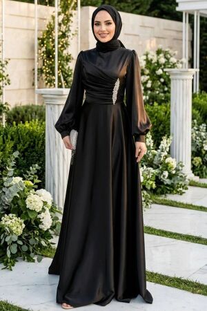 Tesettürlü Abiye Elbise - Drape Detaylı Siyah Tesettür Saten Abiye Elbise 6261S 