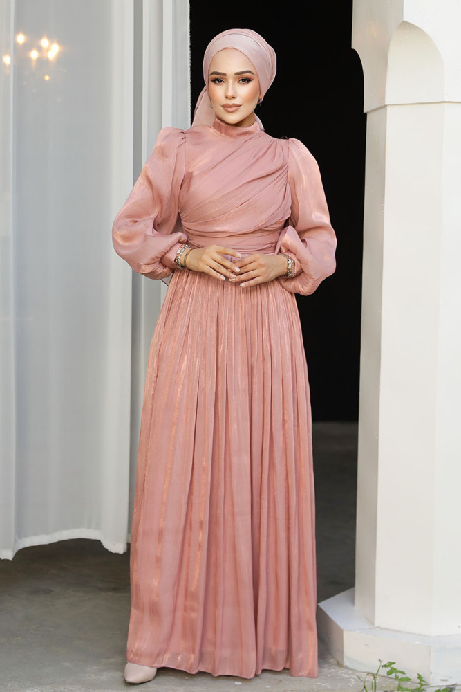 Tesettürlü Abiye Elbise - Drape Detaylı Somon Tesettür Abiye Elbise 44081SMN - 3