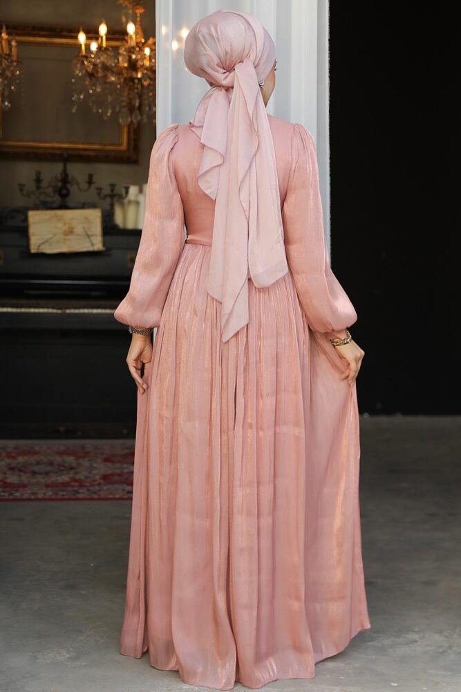Tesettürlü Abiye Elbise - Drape Detaylı Somon Tesettür Abiye Elbise 44081SMN - 4
