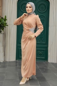 Tesettürlü Abiye Elbise - Drape Detaylı Somon Tesettür Saten Abiye Elbise 5940SMN - Thumbnail