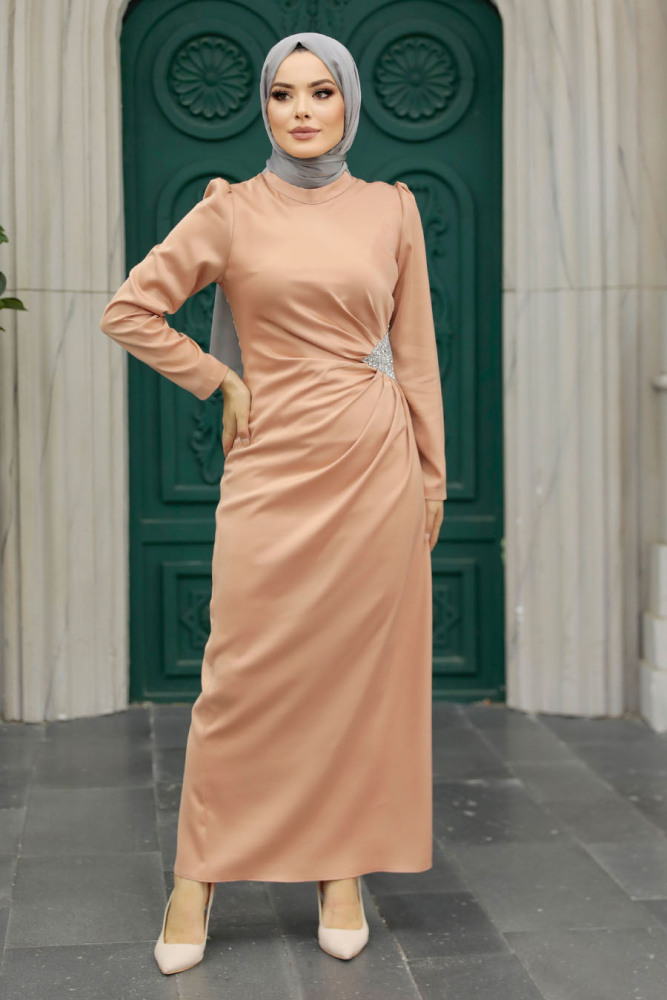 Tesettürlü Abiye Elbise - Drape Detaylı Somon Tesettür Saten Abiye Elbise 5940SMN - 1