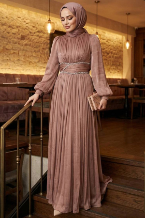 Tesettürlü Abiye Elbise - Drape Detaylı Taba Tesettür Abiye Elbise 54041TB 