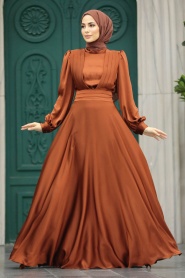 Tesettürlü Abiye Elbise - Drape Detaylı Taba Tesettür Saten Abiye Elbise 40621TB - Thumbnail
