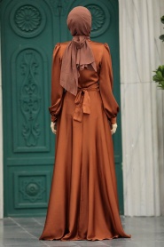 Tesettürlü Abiye Elbise - Drape Detaylı Taba Tesettür Saten Abiye Elbise 40621TB - Thumbnail