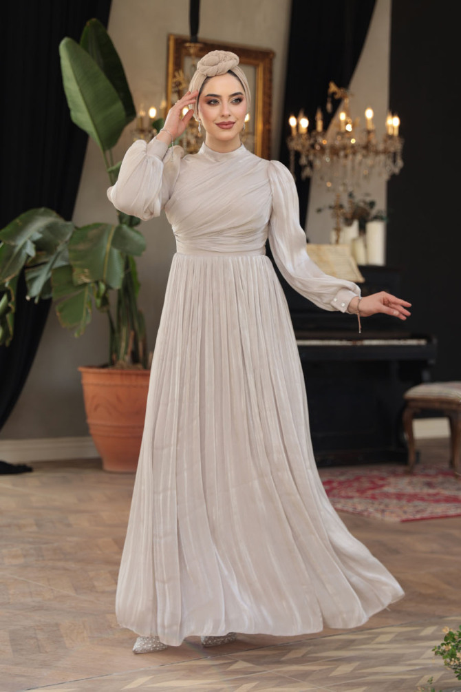 Tesettürlü Abiye Elbise - Drape Detaylı Taş Tesettür Abiye Elbise 44081TAS - TESETTÜRLÜ ABİYE ELBİSELER