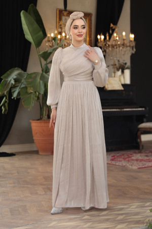 Tesettürlü Abiye Elbise - Drape Detaylı Taş Tesettür Abiye Elbise 44081TAS - 2