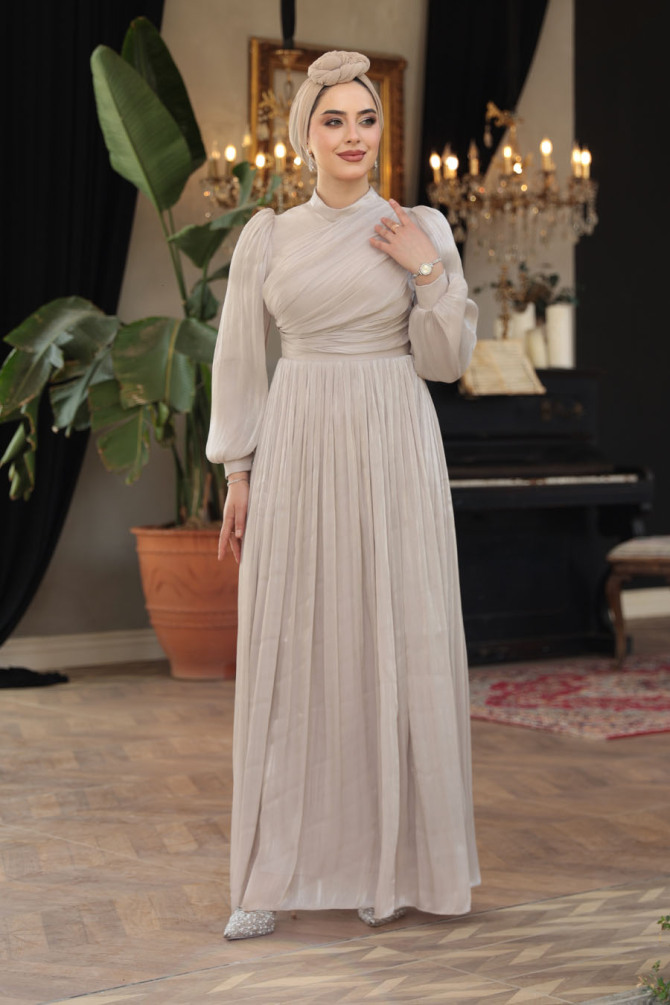 Tesettürlü Abiye Elbise - Drape Detaylı Taş Tesettür Abiye Elbise 44081TAS - 2