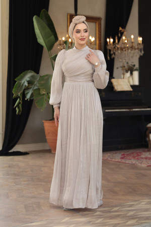 Tesettürlü Abiye Elbise - Drape Detaylı Taş Tesettür Abiye Elbise 44081TAS - 3