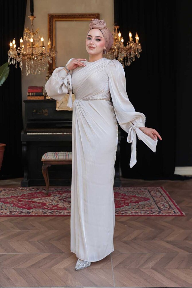 Tesettürlü Abiye Elbise - Drape Detaylı Taş Tesettür Abiye Elbise 50193TAS - 1