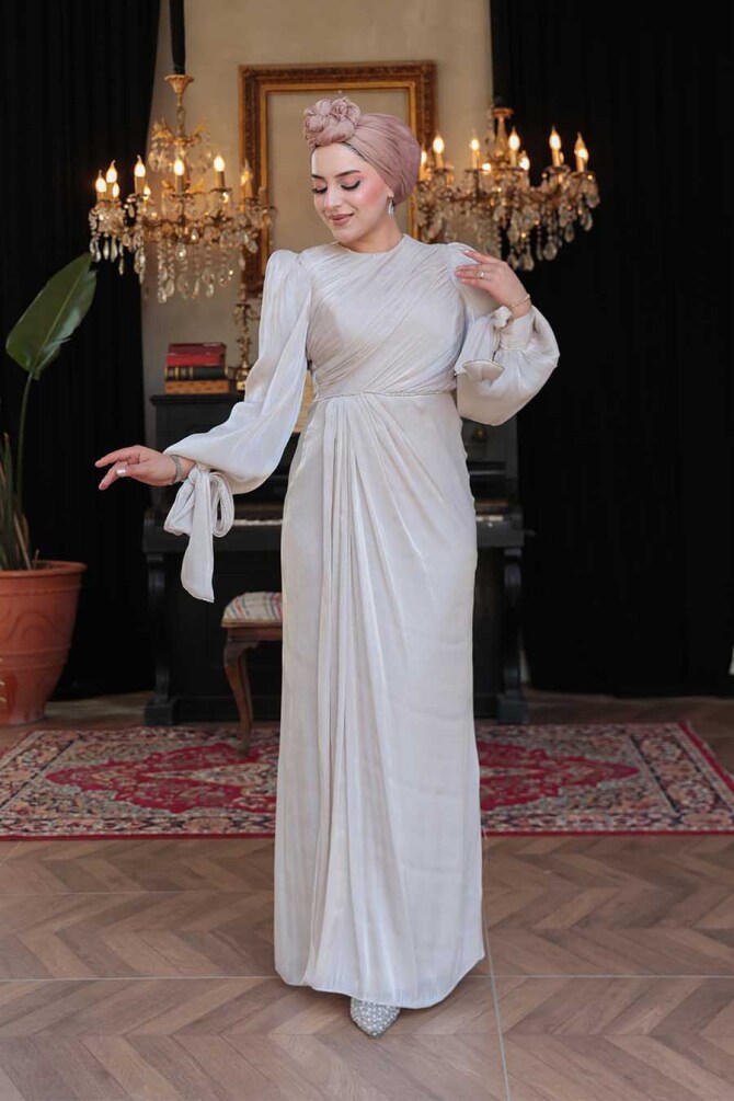 Tesettürlü Abiye Elbise - Drape Detaylı Taş Tesettür Abiye Elbise 50193TAS - 2