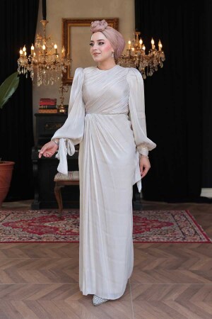 Tesettürlü Abiye Elbise - Drape Detaylı Taş Tesettür Abiye Elbise 50193TAS - 3