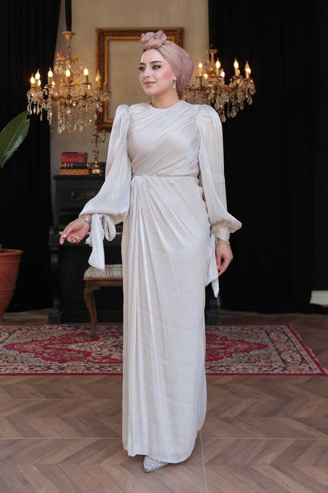 Tesettürlü Abiye Elbise - Drape Detaylı Taş Tesettür Abiye Elbise 50193TAS - 3
