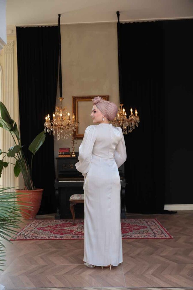 Tesettürlü Abiye Elbise - Drape Detaylı Taş Tesettür Abiye Elbise 50193TAS - 4