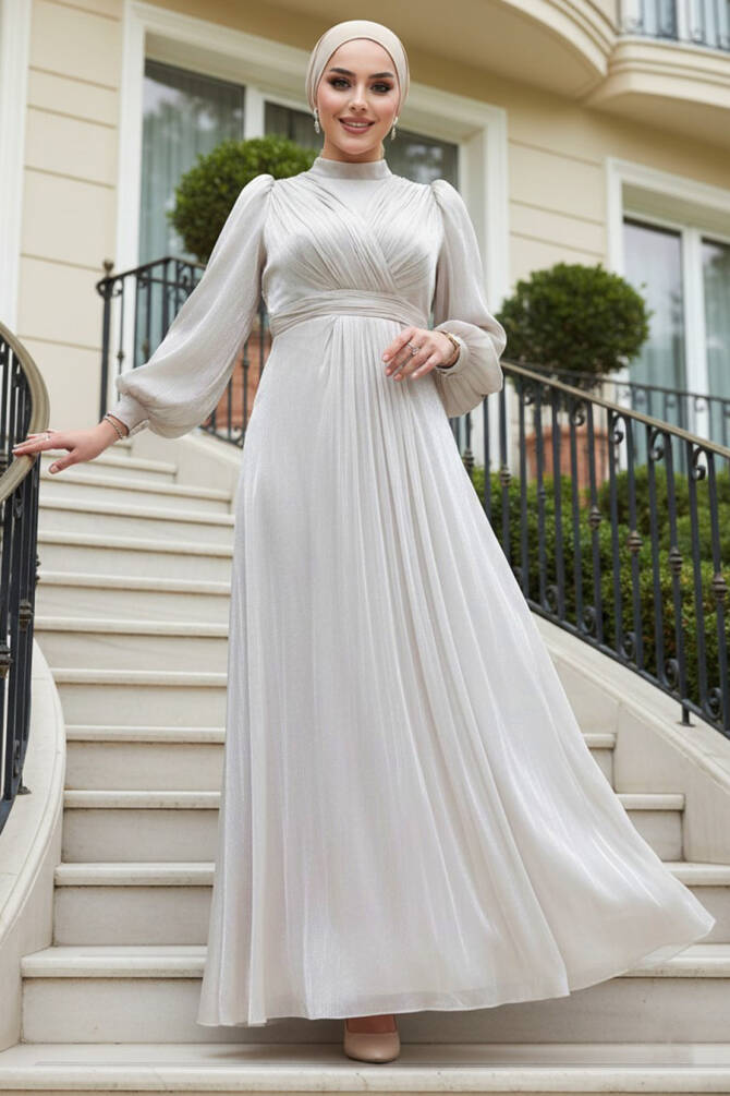 Tesettürlü Abiye Elbise - Drape Detaylı Taş Tesettür Abiye Elbise 50921TAS - 1