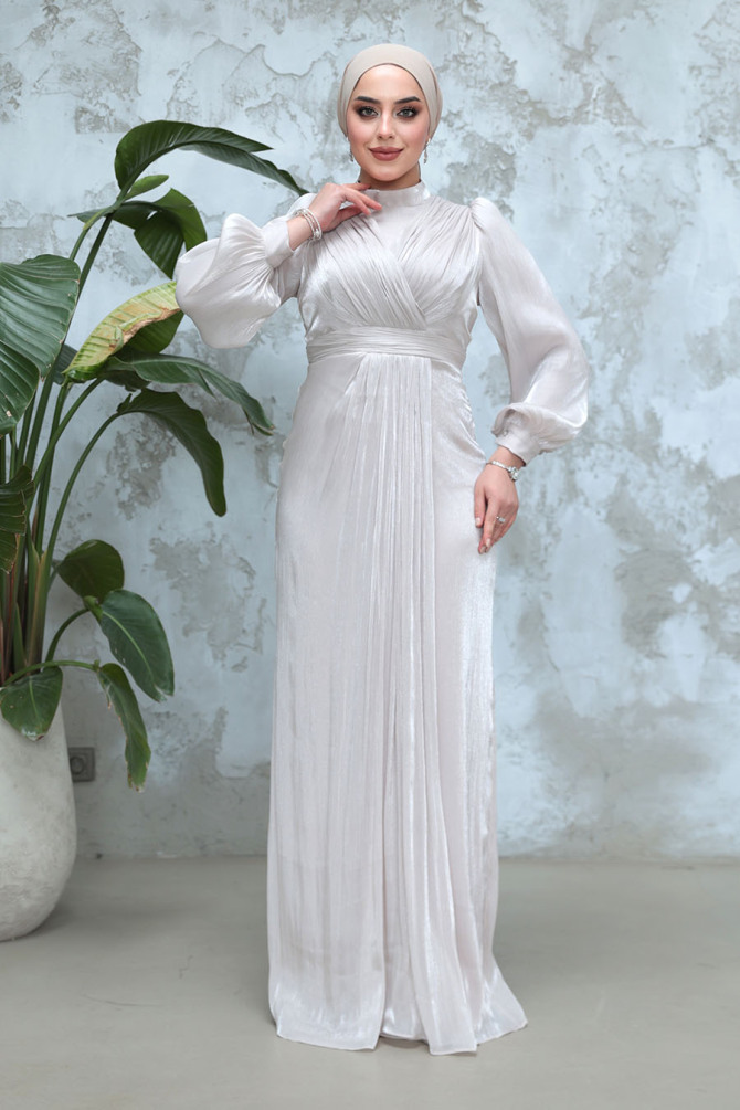 Tesettürlü Abiye Elbise - Drape Detaylı Taş Tesettür Abiye Elbise 50921TAS - TESETTÜRLÜ ABİYE ELBİSELER