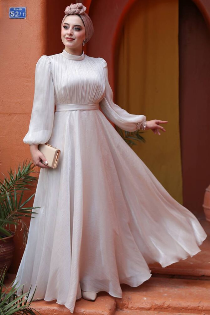Tesettürlü Abiye Elbise - Drape Detaylı Taş Tesettür Abiye Elbise 51072TAS - 2