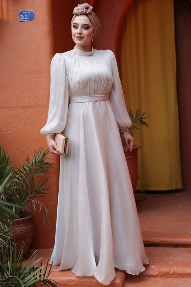 Tesettürlü Abiye Elbise - Drape Detaylı Taş Tesettür Abiye Elbise 51072TAS - 3