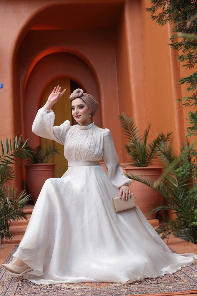 Tesettürlü Abiye Elbise - Drape Detaylı Taş Tesettür Abiye Elbise 51072TAS - 4