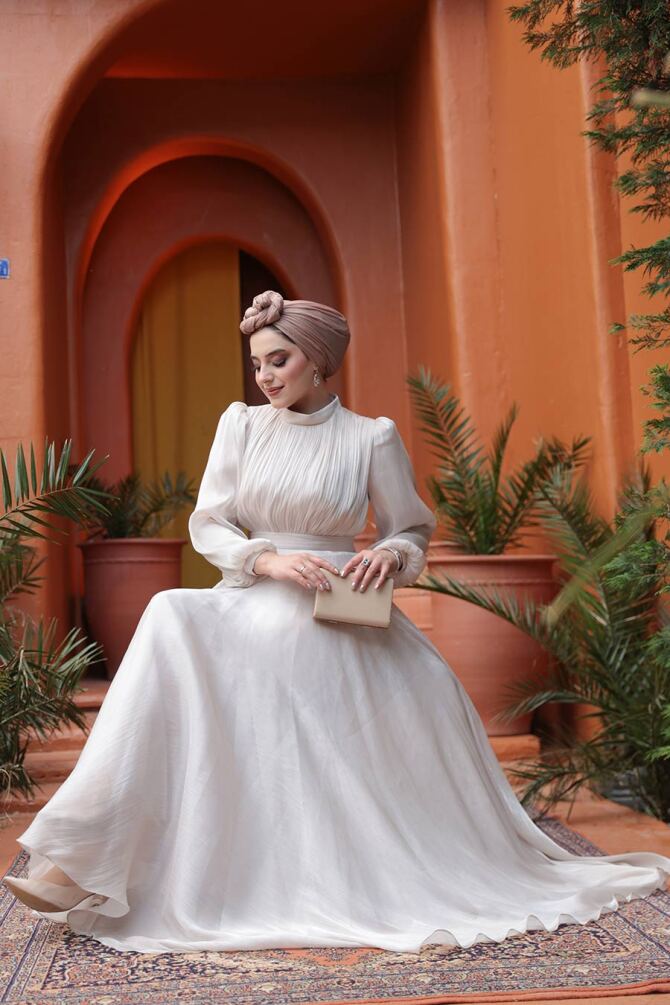 Tesettürlü Abiye Elbise - Drape Detaylı Taş Tesettür Abiye Elbise 51072TAS - 5