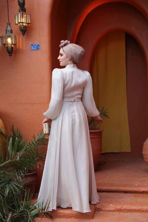 Tesettürlü Abiye Elbise - Drape Detaylı Taş Tesettür Abiye Elbise 51072TAS - 6